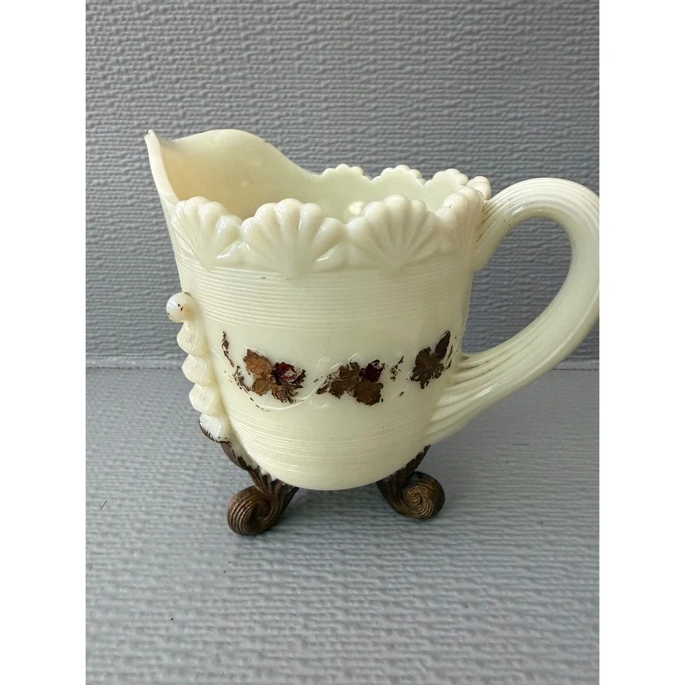 Vintage Custard Uranium Glass Creamer Pitcher Shell Design UV Glow Floral